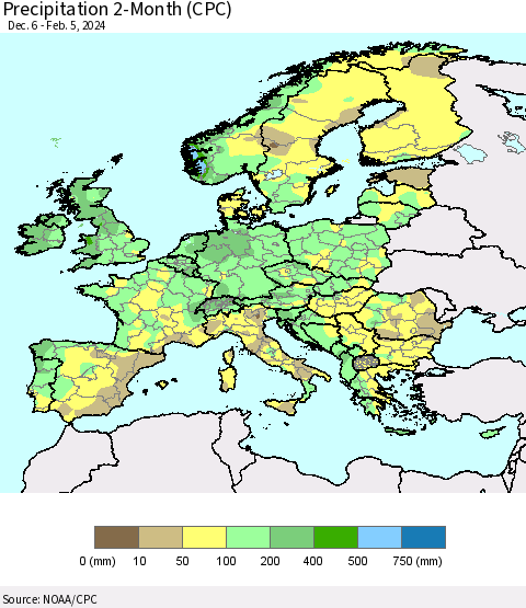 Europe Precipitation 2-Month (CPC) Thematic Map For 12/6/2023 - 2/5/2024