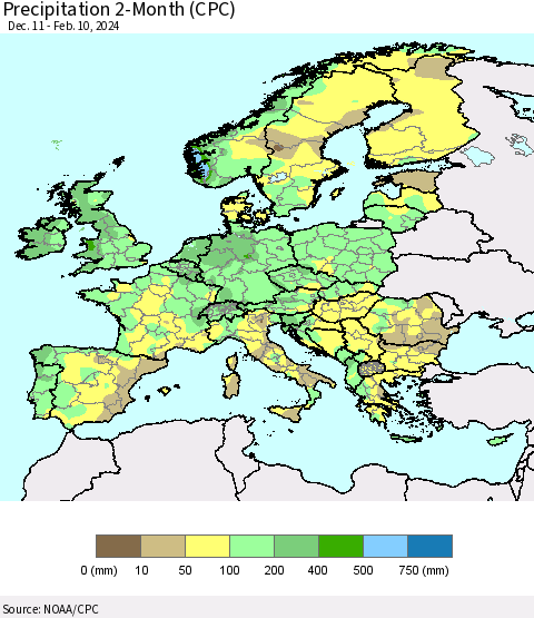 Europe Precipitation 2-Month (CPC) Thematic Map For 12/11/2023 - 2/10/2024