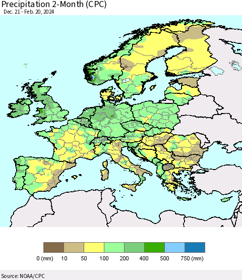 Europe Precipitation 2-Month (CPC) Thematic Map For 12/21/2023 - 2/20/2024