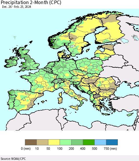Europe Precipitation 2-Month (CPC) Thematic Map For 12/26/2023 - 2/25/2024