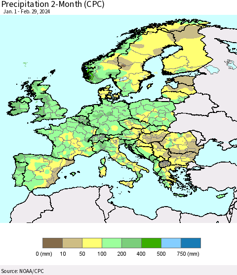 Europe Precipitation 2-Month (CPC) Thematic Map For 1/1/2024 - 2/29/2024