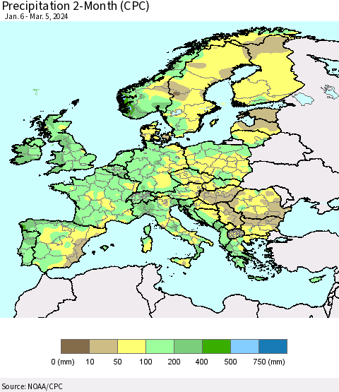 Europe Precipitation 2-Month (CPC) Thematic Map For 1/6/2024 - 3/5/2024