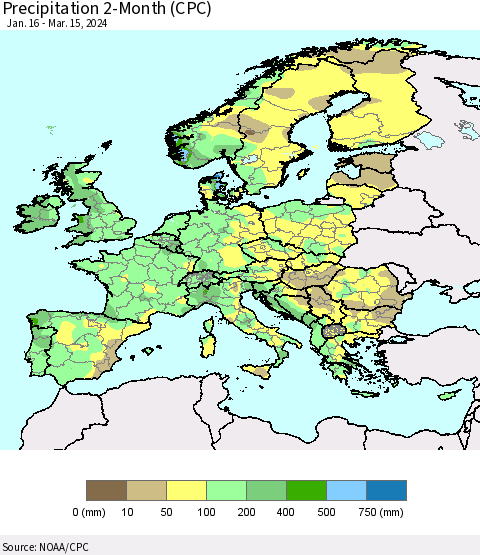 Europe Precipitation 2-Month (CPC) Thematic Map For 1/16/2024 - 3/15/2024