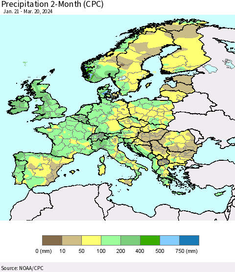 Europe Precipitation 2-Month (CPC) Thematic Map For 1/21/2024 - 3/20/2024