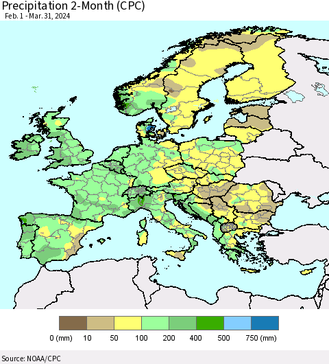 Europe Precipitation 2-Month (CPC) Thematic Map For 2/1/2024 - 3/31/2024