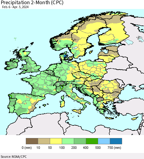 Europe Precipitation 2-Month (CPC) Thematic Map For 2/6/2024 - 4/5/2024
