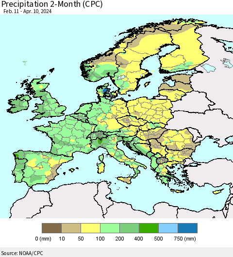 Europe Precipitation 2-Month (CPC) Thematic Map For 2/11/2024 - 4/10/2024