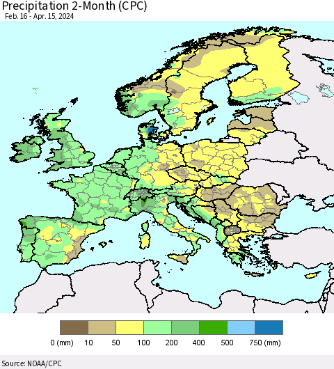 Europe Precipitation 2-Month (CPC) Thematic Map For 2/16/2024 - 4/15/2024