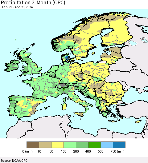 Europe Precipitation 2-Month (CPC) Thematic Map For 2/21/2024 - 4/20/2024