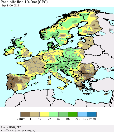 Europe Precipitation 10-Day (CPC) Thematic Map For 9/1/2019 - 9/10/2019