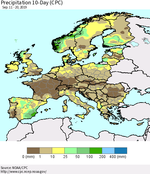 Europe Precipitation 10-Day (CPC) Thematic Map For 9/11/2019 - 9/20/2019
