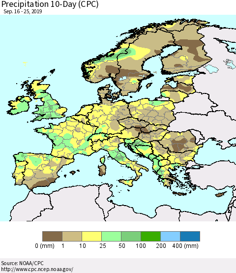 Europe Precipitation 10-Day (CPC) Thematic Map For 9/16/2019 - 9/25/2019