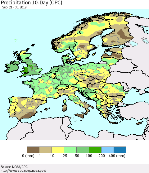 Europe Precipitation 10-Day (CPC) Thematic Map For 9/21/2019 - 9/30/2019
