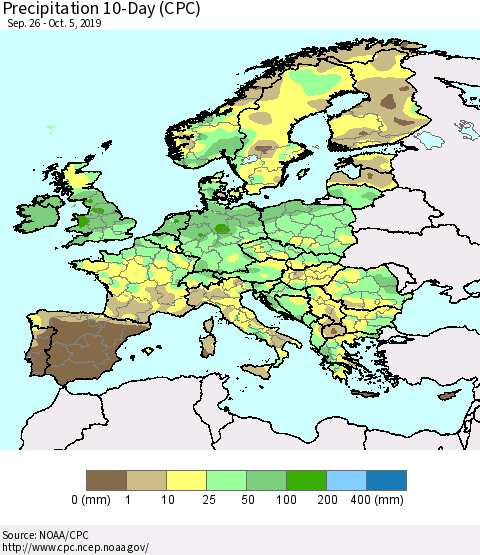 Europe Precipitation 10-Day (CPC) Thematic Map For 9/26/2019 - 10/5/2019