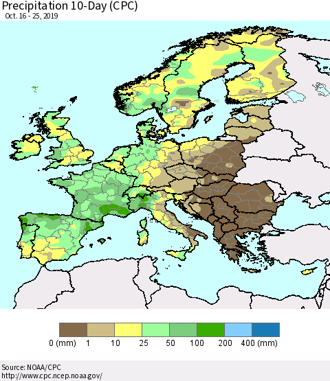 Europe Precipitation 10-Day (CPC) Thematic Map For 10/16/2019 - 10/25/2019