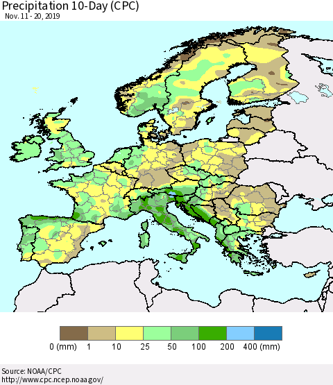 Europe Precipitation 10-Day (CPC) Thematic Map For 11/11/2019 - 11/20/2019