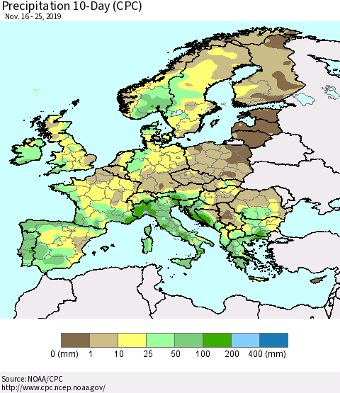 Europe Precipitation 10-Day (CPC) Thematic Map For 11/16/2019 - 11/25/2019