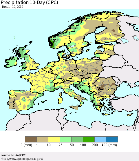 Europe Precipitation 10-Day (CPC) Thematic Map For 12/1/2019 - 12/10/2019