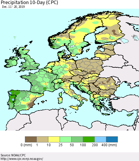 Europe Precipitation 10-Day (CPC) Thematic Map For 12/11/2019 - 12/20/2019
