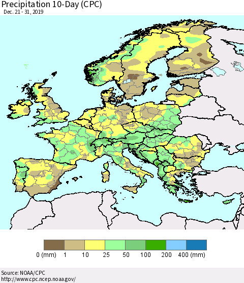 Europe Precipitation 10-Day (CPC) Thematic Map For 12/21/2019 - 12/31/2019