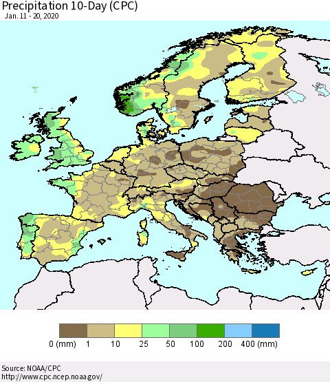 Europe Precipitation 10-Day (CPC) Thematic Map For 1/11/2020 - 1/20/2020