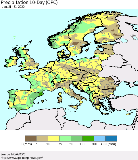 Europe Precipitation 10-Day (CPC) Thematic Map For 1/21/2020 - 1/31/2020