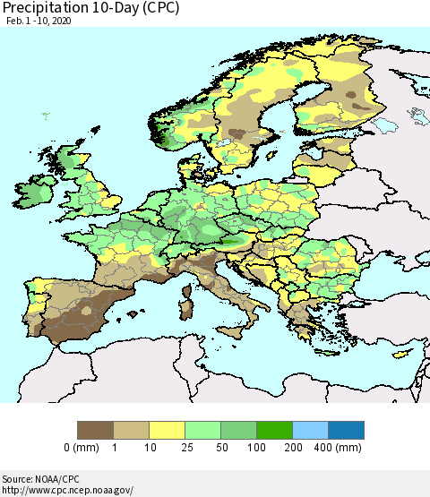 Europe Precipitation 10-Day (CPC) Thematic Map For 2/1/2020 - 2/10/2020