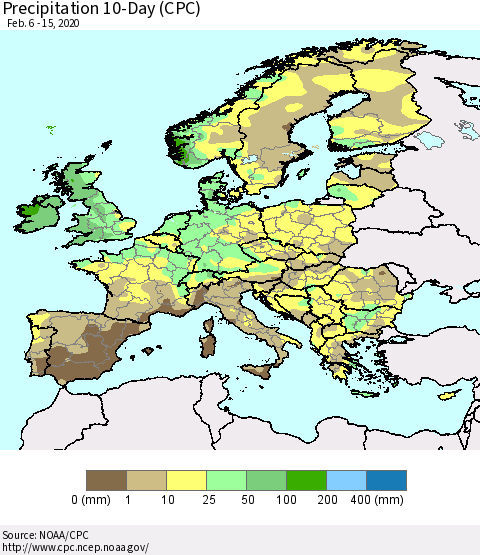 Europe Precipitation 10-Day (CPC) Thematic Map For 2/6/2020 - 2/15/2020