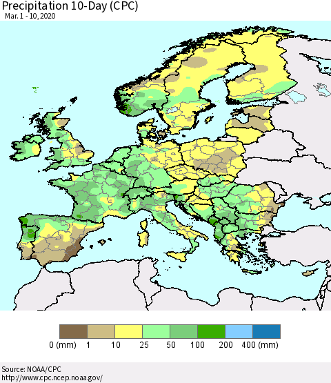 Europe Precipitation 10-Day (CPC) Thematic Map For 3/1/2020 - 3/10/2020