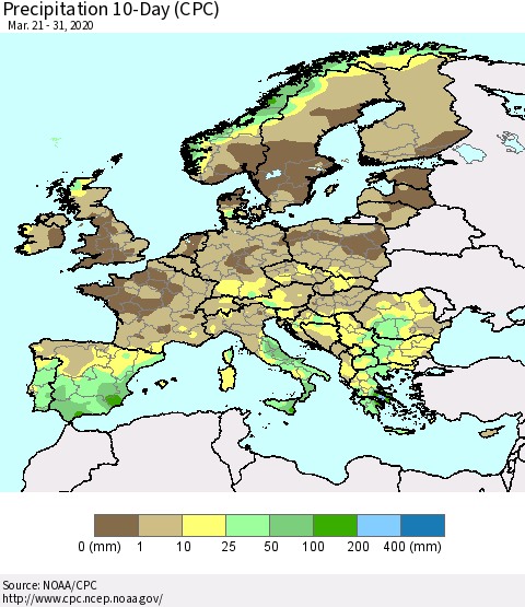 Europe Precipitation 10-Day (CPC) Thematic Map For 3/21/2020 - 3/31/2020