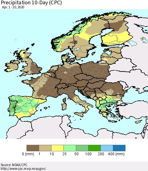 Europe Precipitation 10-Day (CPC) Thematic Map For 4/1/2020 - 4/10/2020