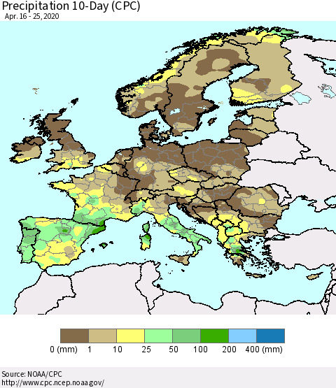 Europe Precipitation 10-Day (CPC) Thematic Map For 4/16/2020 - 4/25/2020