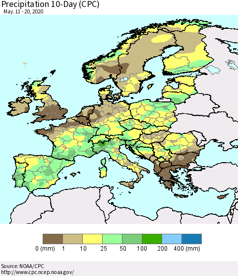 Europe Precipitation 10-Day (CPC) Thematic Map For 5/11/2020 - 5/20/2020