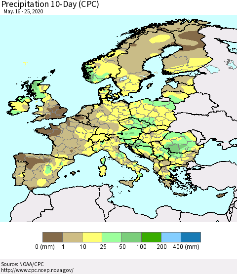 Europe Precipitation 10-Day (CPC) Thematic Map For 5/16/2020 - 5/25/2020
