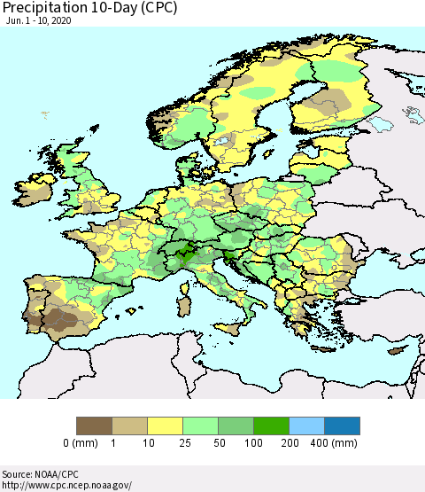 Europe Precipitation 10-Day (CPC) Thematic Map For 6/1/2020 - 6/10/2020