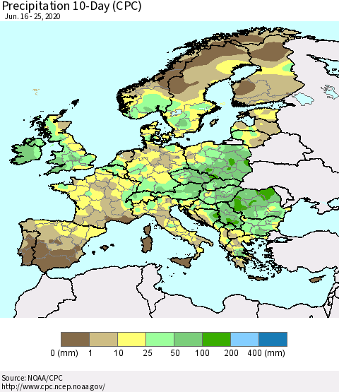 Europe Precipitation 10-Day (CPC) Thematic Map For 6/16/2020 - 6/25/2020