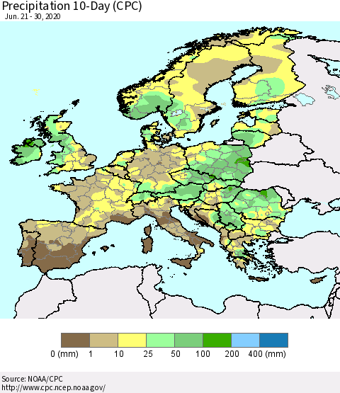 Europe Precipitation 10-Day (CPC) Thematic Map For 6/21/2020 - 6/30/2020