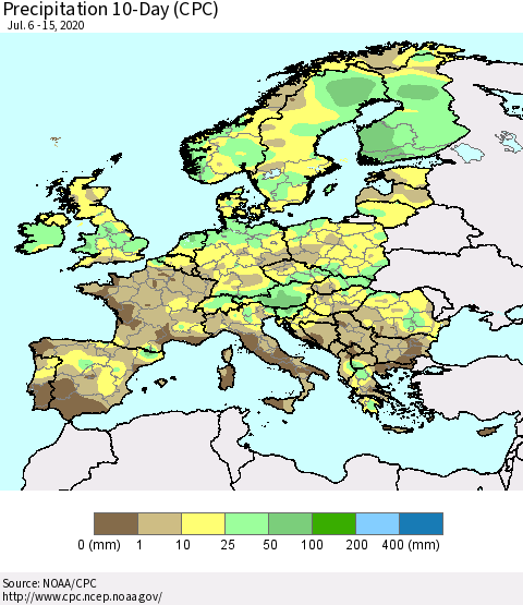Europe Precipitation 10-Day (CPC) Thematic Map For 7/6/2020 - 7/15/2020