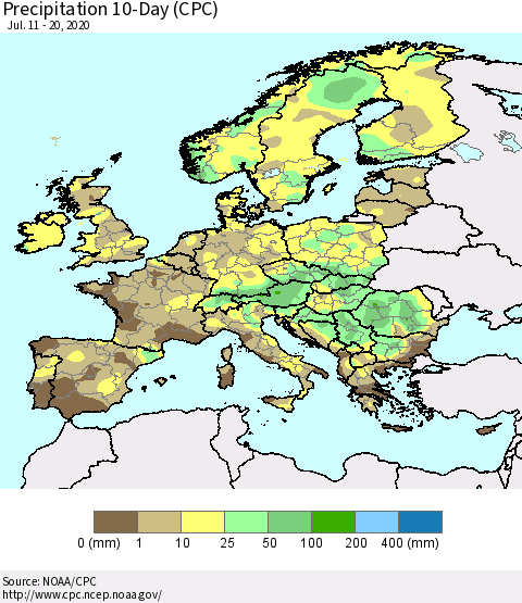 Europe Precipitation 10-Day (CPC) Thematic Map For 7/11/2020 - 7/20/2020
