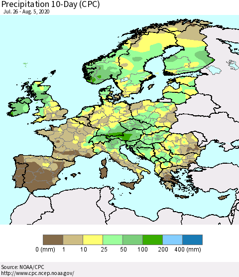 Europe Precipitation 10-Day (CPC) Thematic Map For 7/26/2020 - 8/5/2020