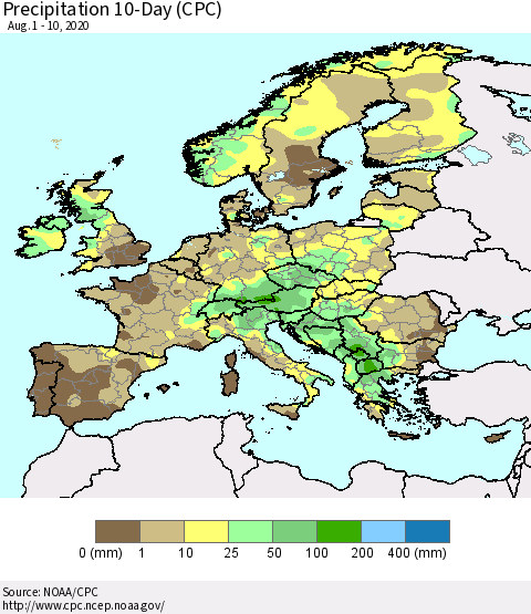 Europe Precipitation 10-Day (CPC) Thematic Map For 8/1/2020 - 8/10/2020