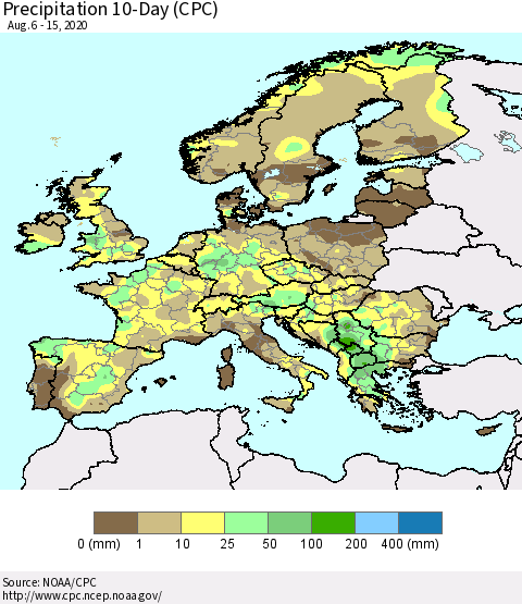 Europe Precipitation 10-Day (CPC) Thematic Map For 8/6/2020 - 8/15/2020
