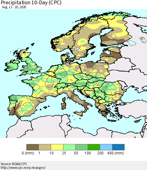 Europe Precipitation 10-Day (CPC) Thematic Map For 8/11/2020 - 8/20/2020