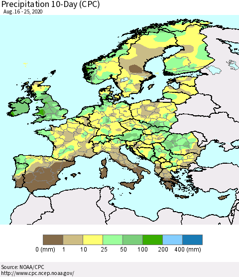 Europe Precipitation 10-Day (CPC) Thematic Map For 8/16/2020 - 8/25/2020