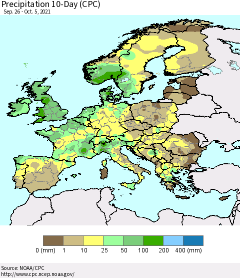 Europe Precipitation 10-Day (CPC) Thematic Map For 9/26/2021 - 10/5/2021