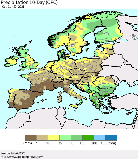 Europe Precipitation 10-Day (CPC) Thematic Map For 10/11/2021 - 10/20/2021