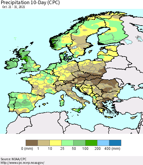 Europe Precipitation 10-Day (CPC) Thematic Map For 10/21/2021 - 10/31/2021