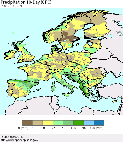 Europe Precipitation 10-Day (CPC) Thematic Map For 11/21/2021 - 11/30/2021