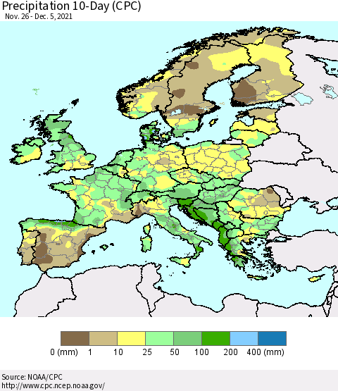 Europe Precipitation 10-Day (CPC) Thematic Map For 11/26/2021 - 12/5/2021