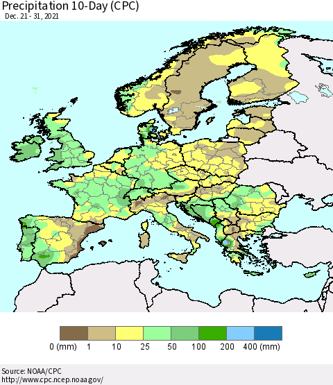 Europe Precipitation 10-Day (CPC) Thematic Map For 12/21/2021 - 12/31/2021